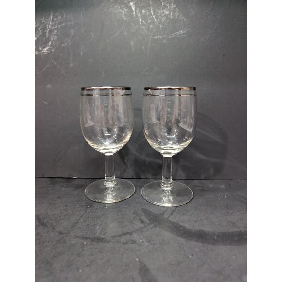Silver Rimmed Cocktail Glasses Stemware, Set of 2, Midcentury Barware, 4 Oz - Picture 4 of 9